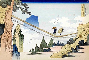 Item #16-2698 The Suspension Bridge on the Border of Hida and Etchû Provinces (Hietsu no sakai tsuribashi), from the series Remarkable Views of Bridges in Various Provinces (Shokoku meikyô kiran). Katsushika Hokusai.