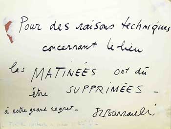 Item #16-2763 Manuscript Announcement: . . . les Matinées ont dû être supprimées . . Jean-Louis Barrault.