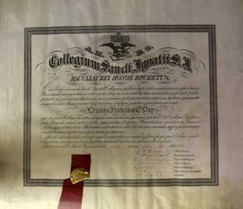 St. Ignatius College, San Francisco - Baccalaurei Honor Descretus on Vellum for Eduardo Francisco O'Day. Signed