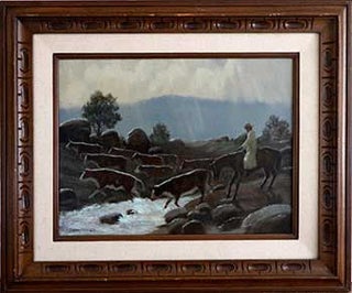 Item #16-3133 Crossing Over: Cowboy Herding Cattle across a Stream. Charles Damrow, American