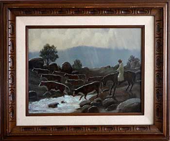 Item #16-3133 Crossing Over: Cowboy Herding Cattle across a Stream. Charles Damrow, American.