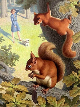 Item #16-3146 Squirrels in a tree with a girl and dog below. Edward Osmond