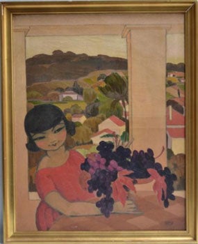 Item #16-3660 Jeune fille à la coupe de fruits sous la colonnade. Original painting. Charlotte...