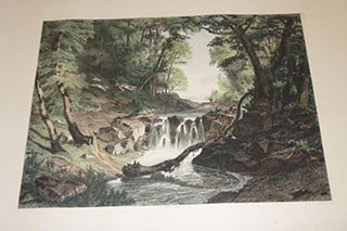 Item #16-3738 Deer jumping over a waterfall. Original etching. Louis Leroy