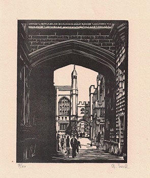Item #16-3852 View of Harper Memorial Court, University of Chicago. First edition of the woodcut. Betty Lark-Horovitz.