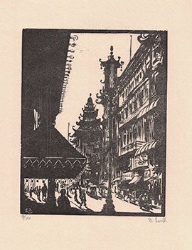 Lark-Horovitz, Betty (1894-1995) - View of Main Street in Chinatown, San Francisco. [Grant Ave. ] First Edition of the Woodcut