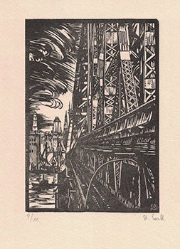 Item #16-3857 View of the Queensboro Bridge, New York City. First edition of the woodcut. Betty...