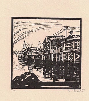 Item #16-3858 View of Fisherman's Wharf, Monterey , California. First edition of the woodcut....