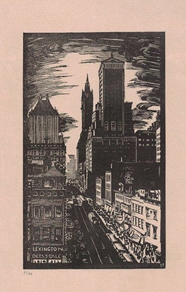 Item #16-3861 Looking West on Fifty-Ninth Street, New York City. First edition of the woodcut....