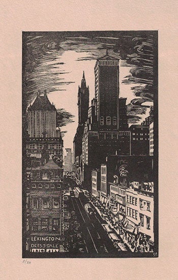 Item #16-3861 Looking West on Fifty-Ninth Street, New York City. First edition of the woodcut. Betty Lark-Horovitz.