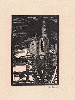 Item #16-3864 View of Downtown Chicago from a Chicago River Bridge. First edition of the woodcut....