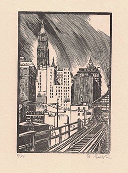 Lark-Horovitz, Betty (1894-1995) - View of the Woolworth Tower from Brooklyn Bridge, New York City. First Edition of the Woodcut