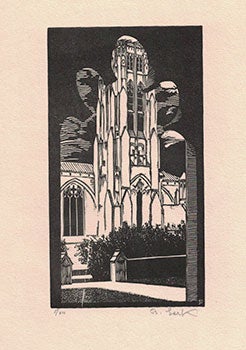 Item #16-3869 View of the University of Chicago Chapel. First edition of the woodcut. Betty...