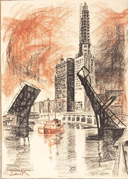 Item #16-3877 View of Downtown Chicago Skyscrapers over a Draw Bridge and Tugboat. Original...