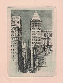 Item #16-3878 View of Bankers Trust and Trinity Church, Wall Street, New York. Original etching. Betty Lark-Horovitz.