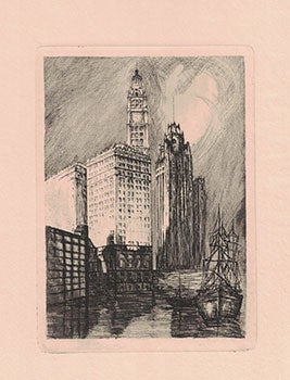 Item #16-3879 View of Tribune Tower and Wrigley Building, Chicago. Original etching. Betty Lark-Horovitz.