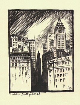 Item #16-3888 View of Manhattan, Southpoint. Original India ink drawing. Betty Lark-Horovitz