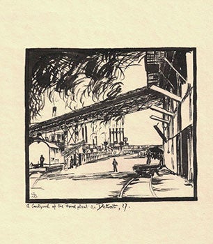 Item #16-3889 View of A Backyard of the Ford Plant in Detroit. Original India ink drawing. Betty Lark-Horovitz.