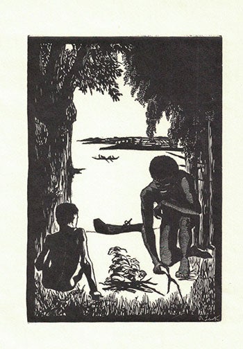 Item #16-3917 Huckleberry Finn and Jim. First edition of the wood engraving. Betty Lark-Horovitz.