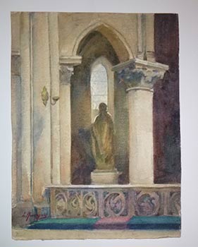 Item #16-3952 Sculpture in a Renaissance building . Original watercolor. Lucienne AUVERGNIOT
