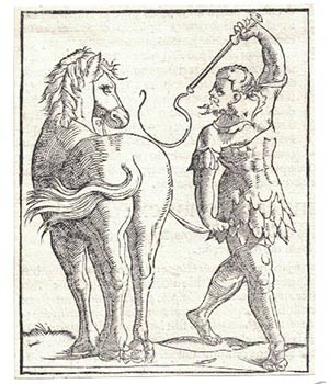 Item #16-3972 Man whipping the horse Bucephalus, from Liber V of Sebastian Münster, 'Cosmographia'. First edition. 1520/, /96, /79, David Kandel, or Jacob Clauser.