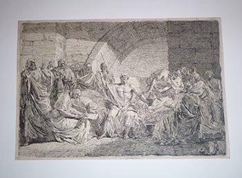 Item #16-4000 Socrates dictating his last will and testament. Sokrates diktiert seinen letzten Willen. Original etching. Josef Abel.