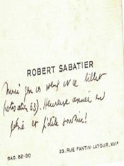 Item #16-4087 Signed carte de visite with text by Sabatier to Emmanuel Looten. Robert Sabatier