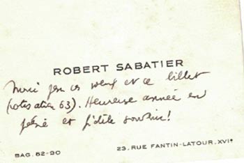 Item #16-4087 Signed carte de visite with text by Sabatier to Emmanuel Looten. Robert Sabatier.