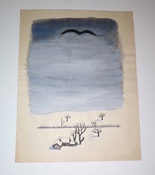 Item #16-4148 Bird of prey over a farm house. Original gouache and drawings. Pierre Charbonnier