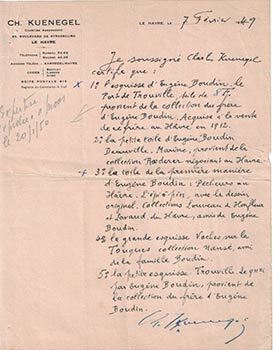 Item #16-4265 Certificate of authenticity for five works by Eugène Boudin by Ch. Kuenegel....