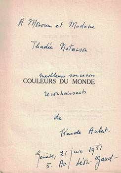Item #16-4322 Couleurs du Monde. (Signed presentation copy. Envoi autographe signé de l'auteur à Thadée Natanson.). Claude Aubert.