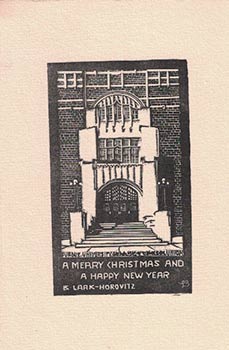 Item #16-4400 Purdue University Union. A Merry Christmas a Happy New Year. Original wood-engraving. Betty Lark-Horovitz.