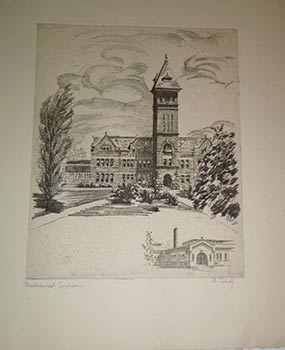 Lark-Horovitz, Betty (1894-1995) - View of the Mechanical Engineering Building at Purdue University, May 1929. Original Etching. Signed