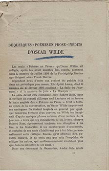 Item #16-4417 De Quelques "Poèmes en prose" Inédits d'Oscar Wilde. First edition. Henry-D Davray