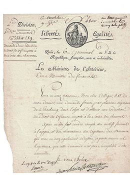 Bonaparte, Lucien Prince Franais, 1st Prince of Canino and Musignano (born Luciano Buonaparte; ( 1775 - 1840); Charles Malo Franois de Lameth (1757-1832.) - Original Als Document Denying an Exempton to Merchants in Strasbourg of the Tax on the Sale of Hemp (Chanvre). . First Edition