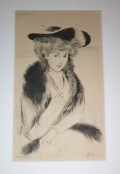 Item #16-4530 Jeune Femme au chapeau et au boa. Original drypoint. Paul Cesar Helleu, 1859...