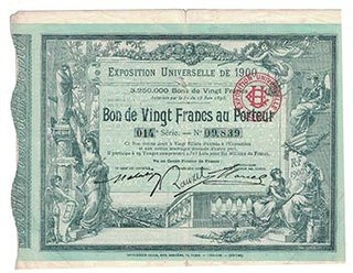Item #16-4566 Bon de Vingt Francs au Porteur. Exposition universelle de 1900. First edition of...