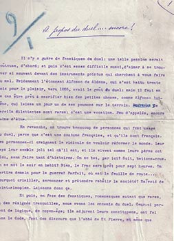 Item #16-4609 Tapuscrit pour "A propos du duel ...encore!" paru dans Paris Journal 1912.. ...