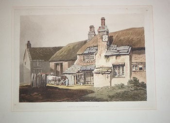 Ackermann, Rudolph - active 1794-1829) - View of Thatched Farmhouse in Farmyard with Farmer Milking Cows in a Large Format. Ackerman's Repository of Arts. First Edition