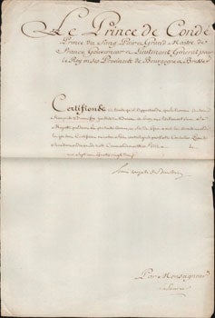 Item #16-4780 Certificat signé de Louis Joseph de Bourbon, Prince de Condé en 1782. Louis...