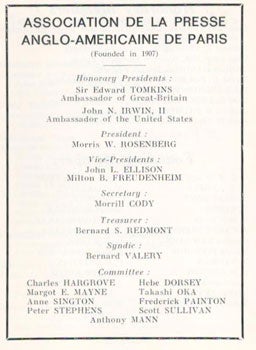 Item #16-4833 Association de la presse anglo-americaine de Paris. 1973. Association de la presse...