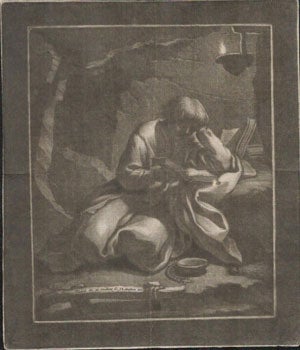 Item #16-4845 A hermit reading in a cave illuminated by a lamp. First edition, from an old Spanish collection of original Baroque engravings. Abraham Bloemaert, After: Wallerant Vaillant, engraver.