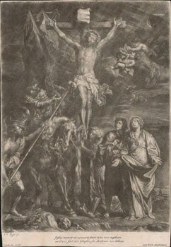 Item #16-4859 Christ on the Cross surrounded by people. "Jesus meurt et sa mort finit tous nos...
