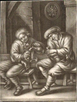 Item #16-4890 Two Men about to drink; one pouring. First edition of the mezzotint, from an old...