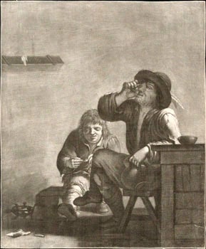 Item #16-4893 Two seated men; one drinking with feathers in his hat and one filling a pipe.. ...