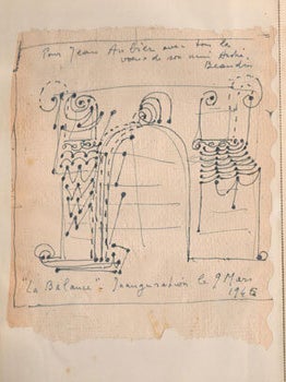 Item #16-4920 Two original drawings in the Livre d'or of the Librairie "A la Balance," 2 rue des...