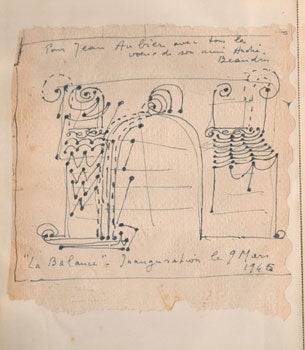 Item #16-4920 Two original drawings in the Livre d'or of the Librairie "A la Balance," 2 rue des Beaux-Arts, Paris. Original manuscript. André Beaudin, 1895 - 1979.
