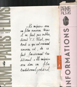 Item #16-5008 Le Mépris (Contempt) of Jean-Luc Godard. Press kit (documentation pour la...
