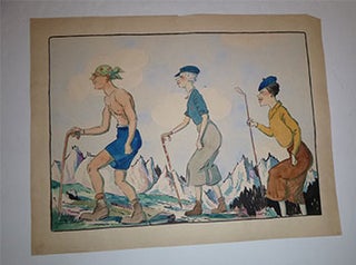 Item #16-5034 A caricature of three walkers at Chamonix in 1937. Version 2 of the pochoir. Jean...