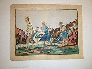 Item #16-5035 A caricature of three walkers at Chamonix in 1937. Version 3 of the pochoir. Jean...